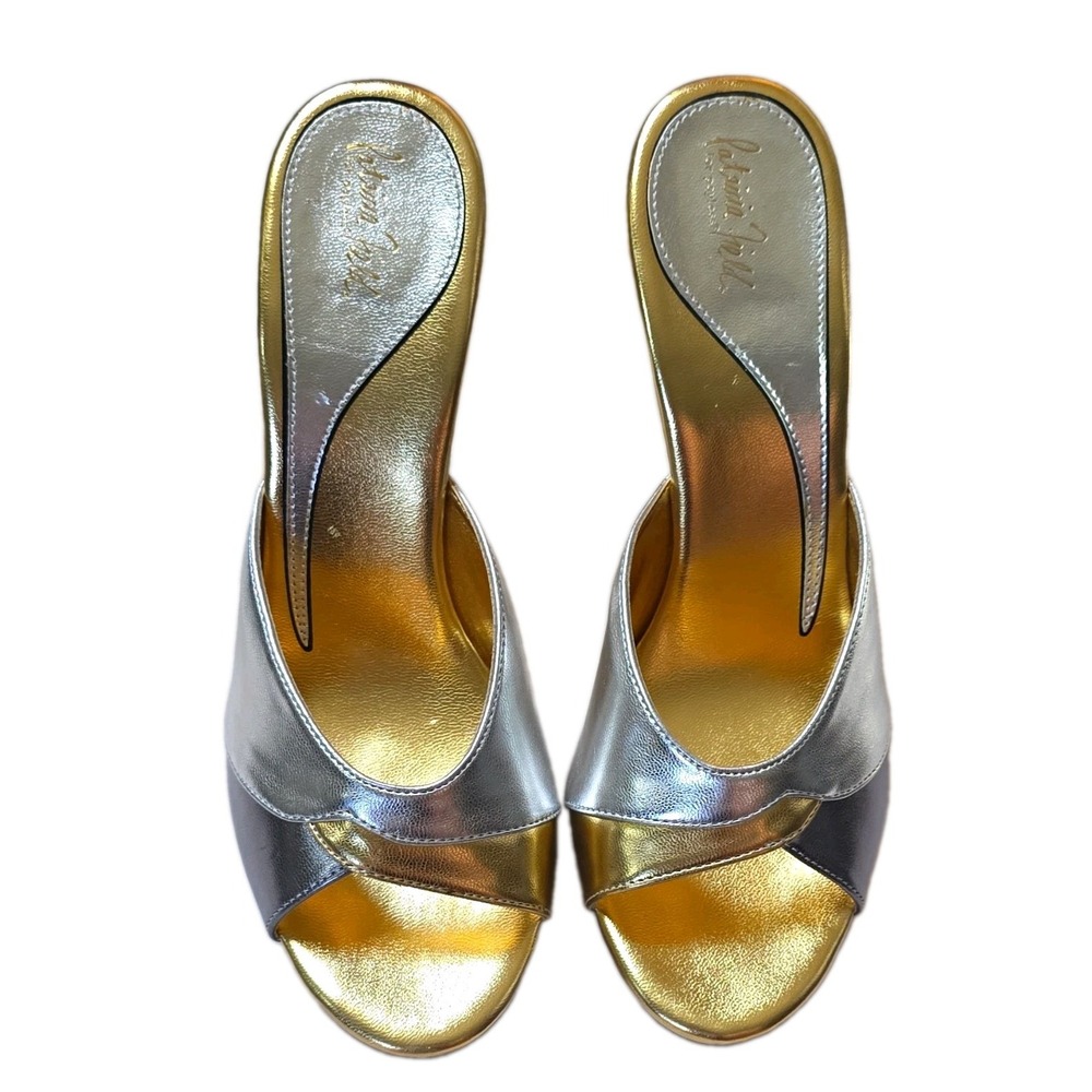 VTG Patricia Field for Payless Y2K Metallic Silver Gold Platform Mule Heels 7.5